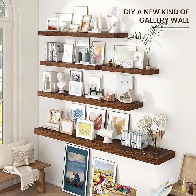 Floating Shelves for Wall, 48"W x 9"D x 1.5"H, 2 Pack of Long Wall Mounted Engineered Wood Shelves with Invisible Brackets for Living Room, Bedroom, Bathroom, Kitchen Decor, Rustic Brown-NeatNest