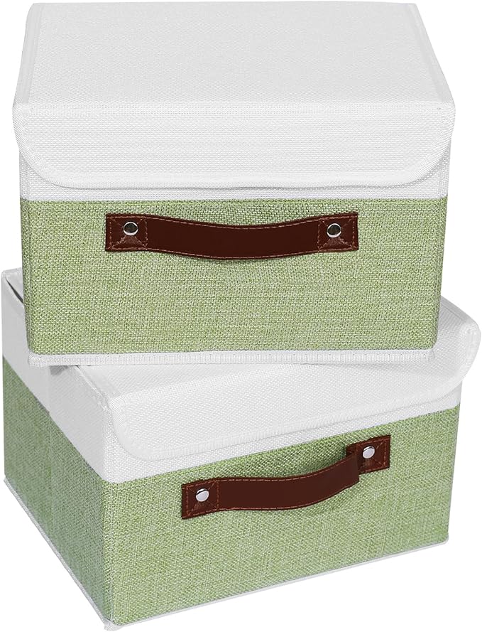ANMINY 2PCS Storage Boxes with Lid Washable Decorative Storage Bins Basket with PU Leather Handle Foldable Linen Fabric Storage Cubes Containers for Home Closet Organizer - Green White, Small Size-NeatNest