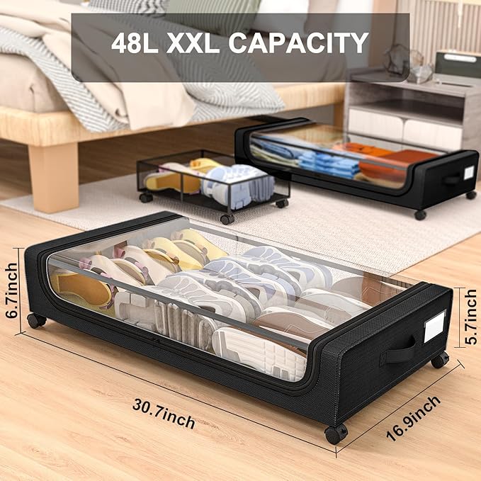 GoMaihe Under Bed Storage with Wheels: XXL Underbed Storage Containers with Clear Lids - Rolling Drawers & Bins for Shoes Clothes in Dorm Bedroom - Space-Saving Easy Pull-out Black 4-Pack-NeatNest