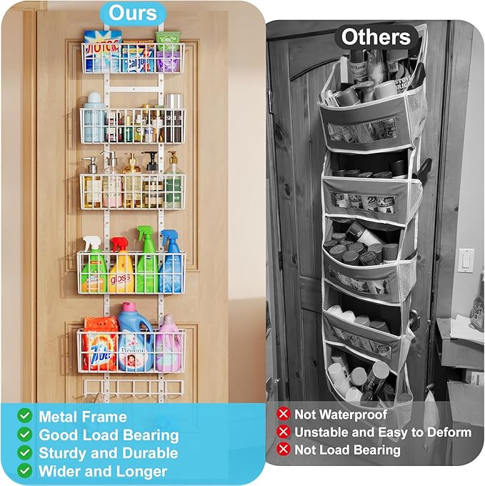 Adjustable Over The Door Organizer, Metal Hanging Door Organizer with 5 Wire Basket 7 Hooks, Wall Mounted Shelf for Pantry Closet Organization and Storage, White