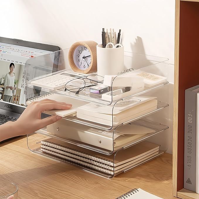 Desk Organizer, Stackable Paper Letter Tray, Office Desktop File Paper Holder, Book Storage Rack (Clear, 2 x Wide Entry)-NeatNest