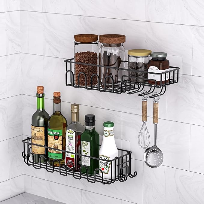 Adhesive Shower Caddy: 2 Bonus Hooks, 4-Pack Wall Mounted Bathroom Storage Shelf, Rustproof Metal Basket Organizer for Kitchen & Bathroom No Drill Black