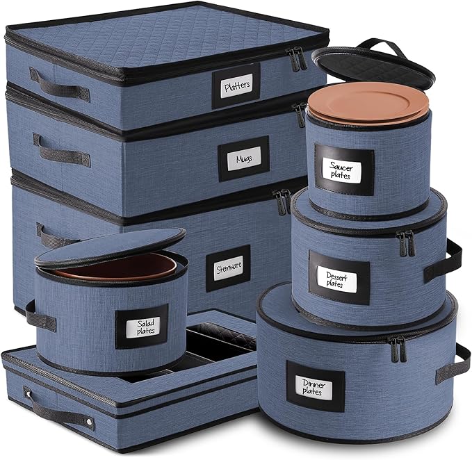 Fine China Storage Containers, 8 Piece Quilted Dish Storage Containers for Flatware & Utensil, Mug, Platter and Wine Glass with Felt Dividers, Durable Dinnerware Dish Organizers for Moving, Blue-NeatNest