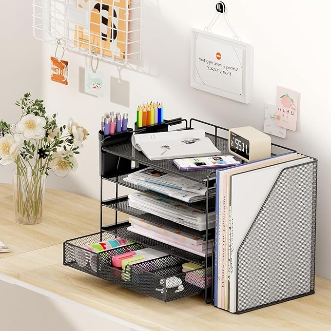 Desk Organizers and Accessories, 5-Tier Paper File Organizer with Drawer & Pen Holder, Office Desk Accessories Workspace Desktop Organizer for Office Supplies(Black)-NeatNest