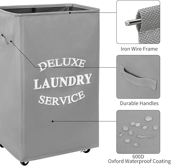 WOWLIVE Large Rolling Laundry Basket Wheels 90L Collapsible Tall Laundry Hamper Handle Foldable Dirty Clothing Basket Fold up Rectangular Hampers for Laundry Dorm Room (Grey)