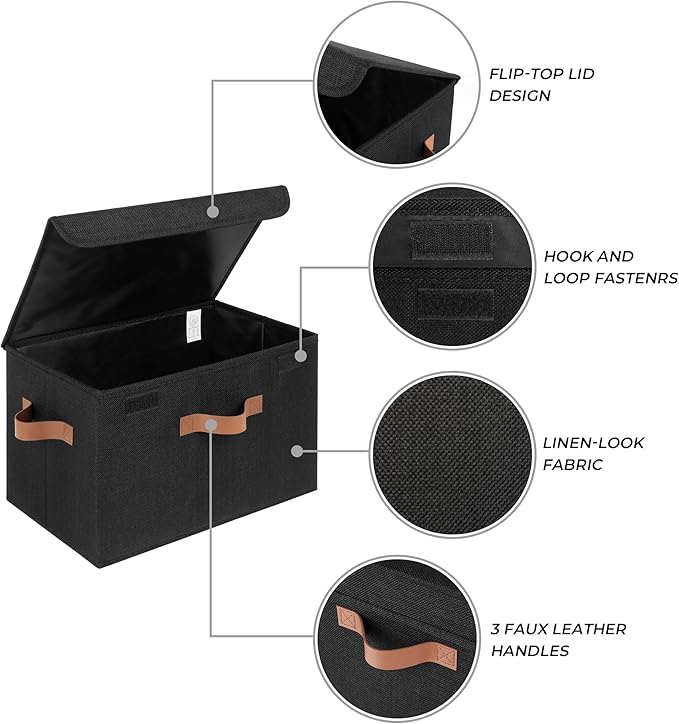 GRANNY SAYS Storage Bins with Lids, Decorative Storage Boxes with PU Handles, Black Storage Bin, Linen Closet Organizer, Shelf Baskets, Fabric Storage Bins for Clothes-NeatNest