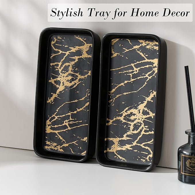 Bathroom Vanity Tray for Countertop,2PC Rectangle Marble Tray Set,Decorative Bathroom Organizer for Scrubber, Lotion Bottles, Perfume, Jewelry, Candle, Key Trinket Ring(Small,Black)-NeatNest
