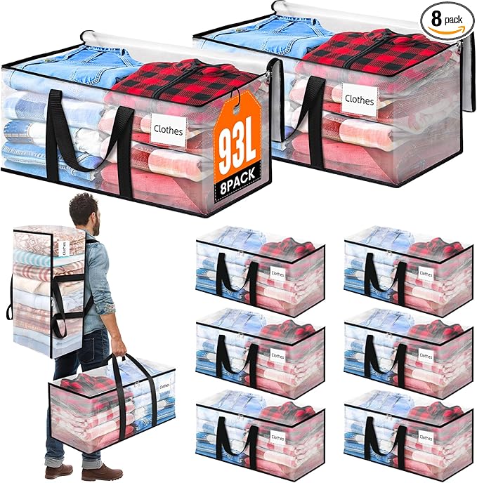 BlissTotes 8-Pack Large Moving Bags with Backpack Straps & Strong Zippers, Heavy-Duty Storage Bags Moving Boxes for Space Saving, Dorms, Transport, 93L-25 Gallons, Clear-NeatNest