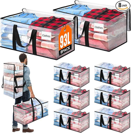 BlissTotes 8-Pack Large Moving Bags with Backpack Straps & Strong Zippers, Heavy-Duty Storage Bags Moving Boxes for Space Saving, Dorms, Transport, 93L-25 Gallons, Clear-NeatNest