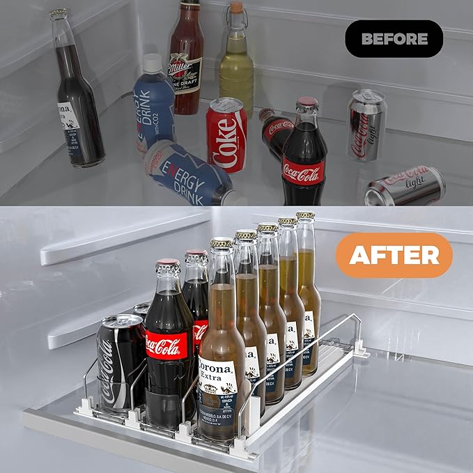3 Rows Drink Organizer for Fridge, 15'' Soda Can Dispenser for Refrigerator with Pusher Glide, Width Adjustable Fridge Can Organization Hold Up to 25 Cans (White)