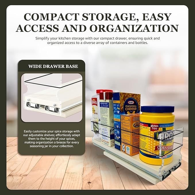 Vertical Spice 13.8" Depth Heavy Duty Pull Out Spice Rack Drawer - 1 Drawer, Mix Containers - Sliding Cabinet and Pantry Organizer - Kitchen Cupboard Storage Rack (4.6" W x 5.0" H x 13.8" D, Cream)