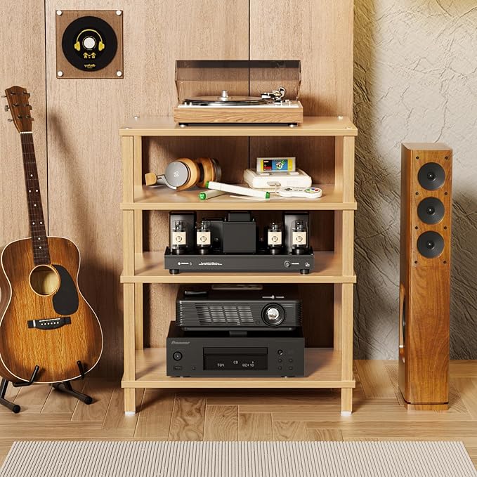 4-Tier AV Media Player Stand, Natural Stereo Cabinet, Modern Audio Shelf, Wooden TV Stand,Game Console Shelf, Multifunctional Entertainment Center, Suitable for Home, Conference Room, Game Studio-NeatNest