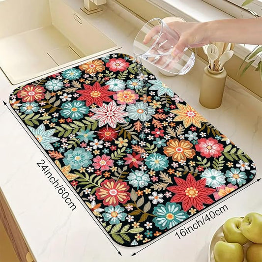 Colorful Embroidery Flowers Dish Drying Mats Super Absorbent Dish Drainer Rack Pad Non-Slip Drying Mat for Kitchen Counter, 24"x16"-NeatNest