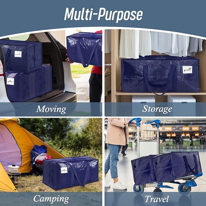 12 Pack Extra Heavy Duty Large Moving Bags with Strong Zipper & Comfortable Handles, Sturdy & Durable Clothes Storage Bags Totes Bins, Packing Moving Boxes for College Supplies, Dark Blue-NeatNest