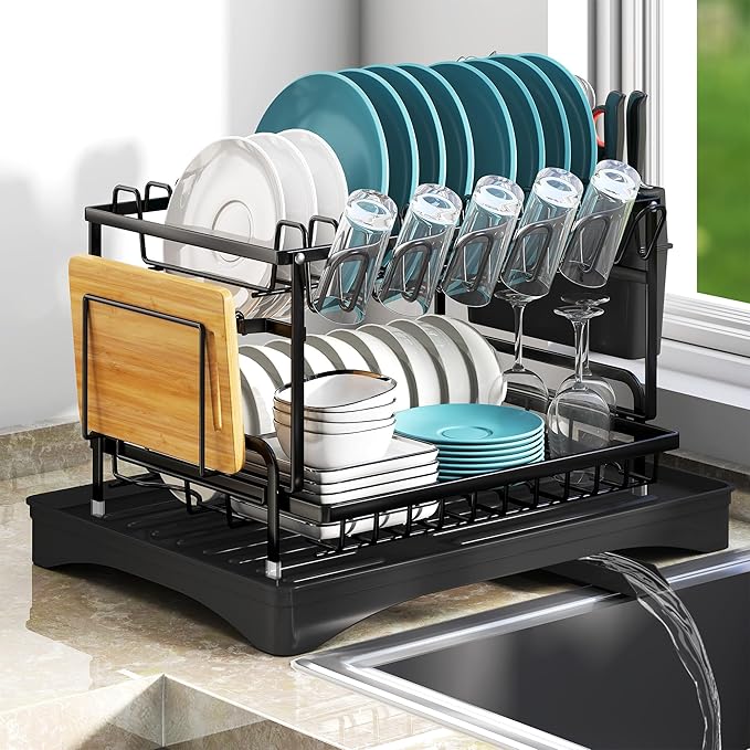 Dish Drying Rack Carbon Steel Dish Rack for Kitchen Counter, 2-Tier Kitchen Organizers and Storage Rack with Drainboard and Cutlery Holder, Large