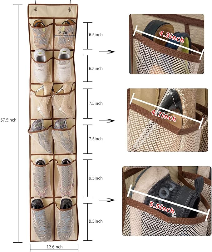 KEEPJOY Over The Door Shoe Organizer,Hanging Shoe Organizer 12 Mesh Pockets Shoe Organizer for Closet,Works Well for Men and Woman Kids Shoes Storage, 57.5Ă12.6inch(Beige)-NeatNest