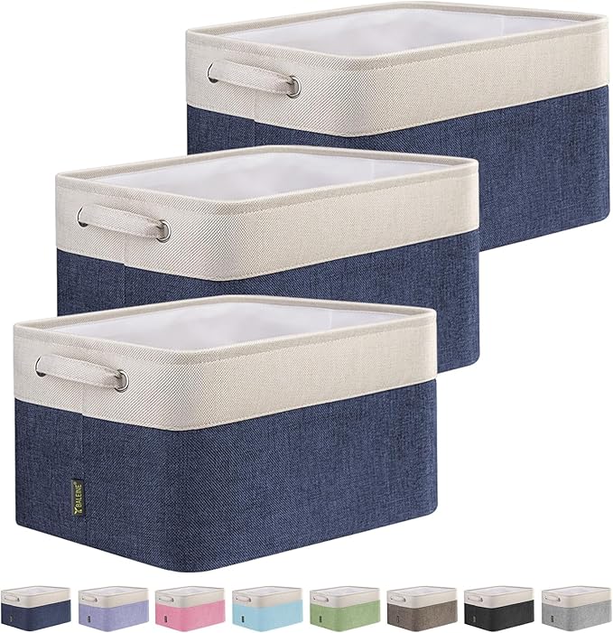 BALEINE 3 Pack Fabric Storage Bins for Shelves, Linen Storage Baskets for Organizing, Decorative Closet Bins for Clothes, Home (Navy Blue, 15"x11"x9.5")-NeatNest