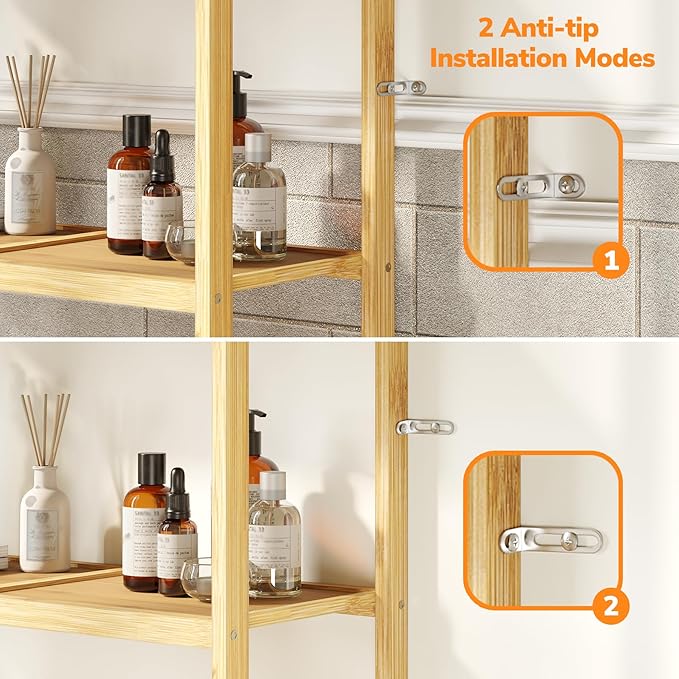 AMBIRD Over The Toilet Storage, 3-Tier Bathroom Organizer Over Toilet with Sturdy Bamboo Solid Shelves, Non-Slip Pads and 3 Hooks, Multifunctional Behind Toilet Shelf Rack, Space Saver (Original)