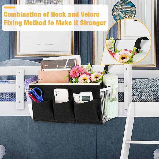 Bedside Caddy Bedside Organizer Bedside Storage Caddy with Fixed Straps and Water Bottle Holder for Home College Dorm Bunk Bed Hospital Bed Crib Bed Rails (2pcs Black)-NeatNest