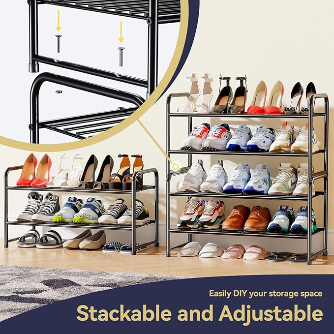 2-Tier 27” Wide Shoe Rack for Closet, Metal Stackable Shoe Shelf Organizer, Black-NeatNest