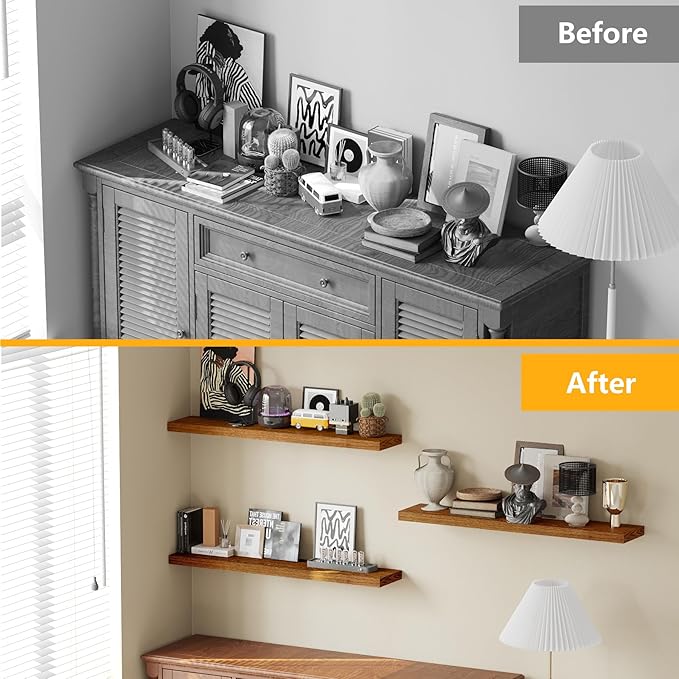 BAMEOS Floating Shelves, American Oak Wall Mounted Wooden Shelves with Invisible Brackets Set of 3, Hanging Wall Shelves Decoration for Bedroom, Bathroom, Living Room and Kitchen-NeatNest