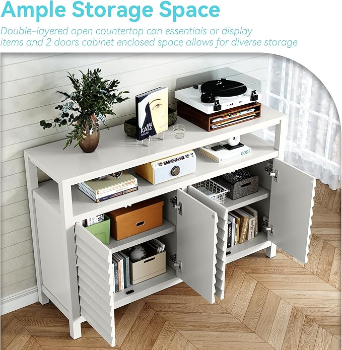 HLR Bathroom Floor Storage Cabinet, Farmhouse Sideboard with Decorative Louvered Doors, Bathroom Storage Unit with 4 Doors & Shelves, Freestanding Credenza for Dining Room, Living Room, Hallway, White-NeatNest