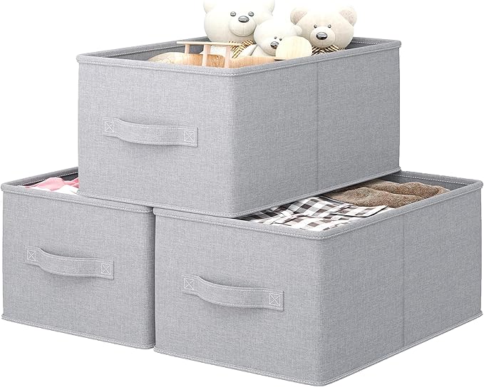 3 Pack Fabric Storage Bins for Shelves | 16.25x12x10in Closet Storage Baskets | Collapsible Storage Bins |Fabric Closet Organizers with Handles | Light Gray-NeatNest