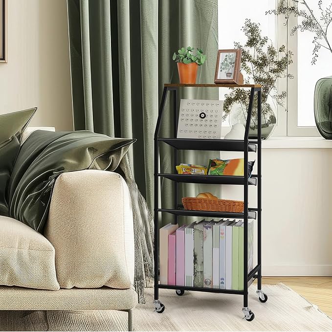 Bathroom Towel Stand Freestanding 5 Tier Metal Utility Rolling Cart with Storage for Home Kitchen Living Room Office, Rustic Brown