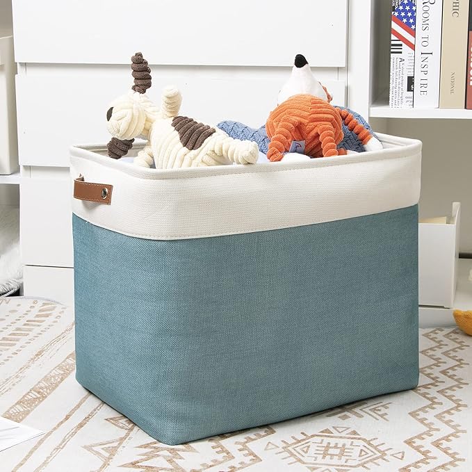 DULLEMELO Large Collapsible Storage Basket/Bin with Sturdy Leather Handles, Fabric Organizer Bin for Storage Clothes, Toys, Books, Office, Bedroom, Closet, Nursery & Laundry (White&Teal)-NeatNest