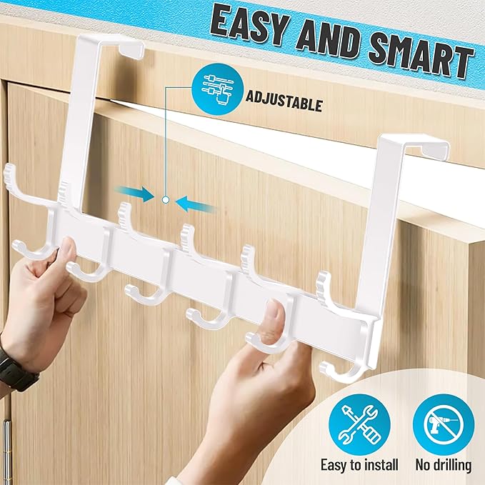 Door Coat Hanger, 6 Double Hooks - Carbon Steel & Aluminum Door Mount Hanger with Adjustable Easy Install for Clothes, Hats, Keys, Towel Storage-NeatNest