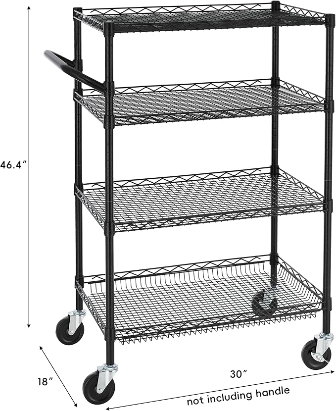 Finnhomy 4 Tier Heavy Duty Commercial Grade Rolling Cart with Handle Bar, Metal Wire Utility Cart with Wheels, Shelf Size 18" D x 30" W, NSF Listed, Black