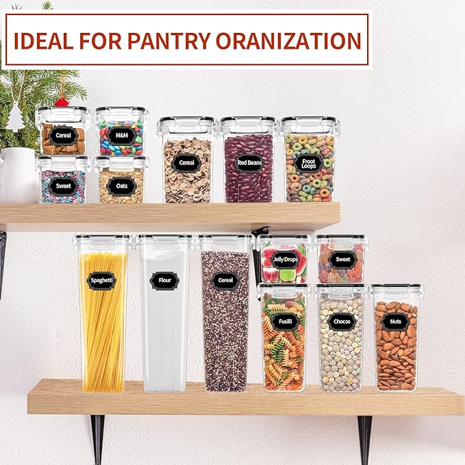 Skroam 14 Pack Airtight Food Storage Containers for Kitchen Pantry Organization and Storage, Plastic Canister Set with Lids, Cereal, Flour & Sugar Containers- Spoon Set, Labels & Marker