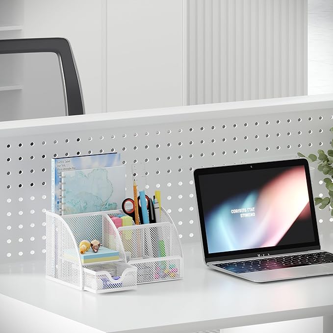 EasyPAG Mesh Desk Organizer, Multi-functional Stationery Organizer for School Supplies, Office Pen Holder for Desk, 6 Compartments Dorm Organization with Drawer, White