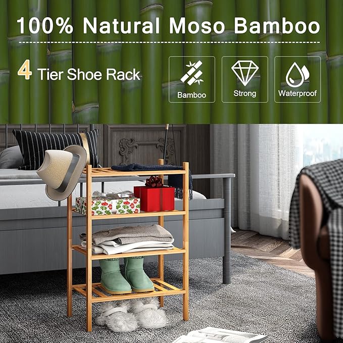Small Shoe Rack, 4-Tier Bamboo Stackable Shoe Shelf Storage Organizer, Shoe Stand for Closet, Entryway and Hallway-NeatNest