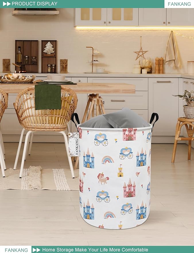 FANKANG Storage Basket, Nursery Hamper Canvas Laundry Basket Foldable with Waterproof PE Coating Large Storage Baskets for Kids Boys and Girls, Office, Bedroom, Clothes,Toys(castle carriage)