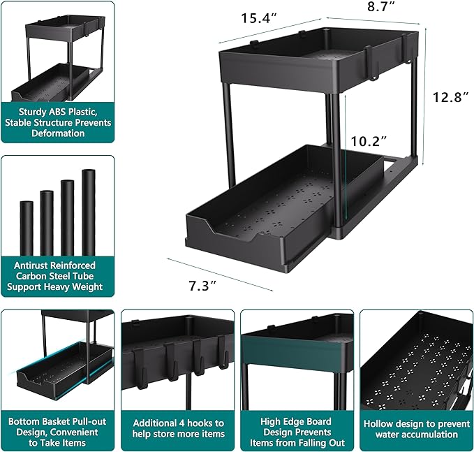 2 Pack Under Sink Organizer, 2 Tier Bathroom Cabinet Organizer with Sliding Basket, Multi-Purpose Under Sink Organizers and Storage for Bathroom Kitchen (Black 2 Pack)-NeatNest