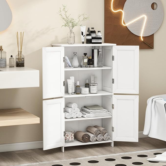 Bathroom Storage Floor Cabinet Freestanding Organizer with Adjustable Shelves for Bathroom Bedroom Laundry Room,4 Doors-NeatNest