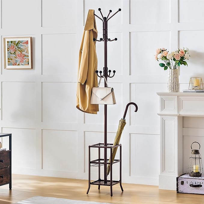 FAVOOSTY Coat Rack Freestanding,Coat Rack Stand with Umbrella Holder,Metal Coat Tree with 12 Hooks,Tree Clothes Hat for Entryway, Hallway, Bedroom, Living Room & Office -Brown-NeatNest