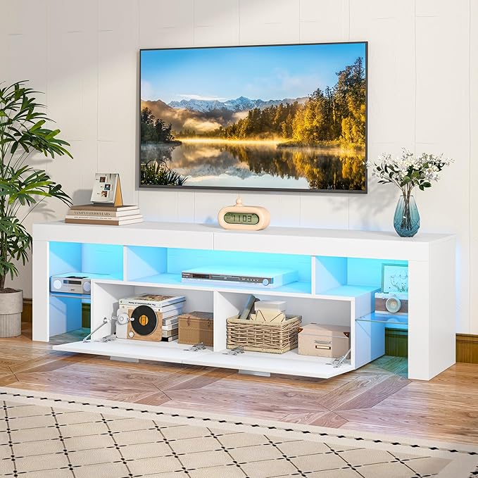 Clikuutory Modern Lighting 63 inch TV Stand with Large Storage Drawer for 50 55 60 65 70 75 Inch TVs, TV Console with 20 Color LED Lights, Entertainment Center Media and Open Shelf for Bedroom, White-NeatNest
