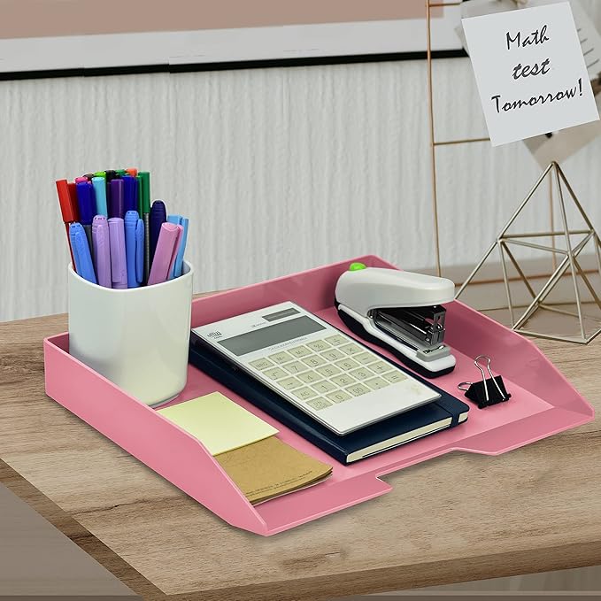 Acrimet Stackable Letter Tray Single Side Load, Plastic, Desktop File Organizer (Solid Pink Color) (1 Unit)-NeatNest