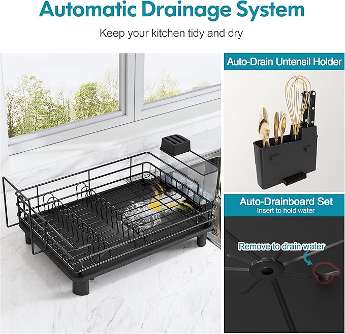 BOOSINY Dish Drying Rack for Kitchen Counter, Stainless Steel Dish Drainers with Drainboard Set, Space Saving, Compact Metal Plates Strainers Rack with Cup Holder, Utensil Holder-NeatNest