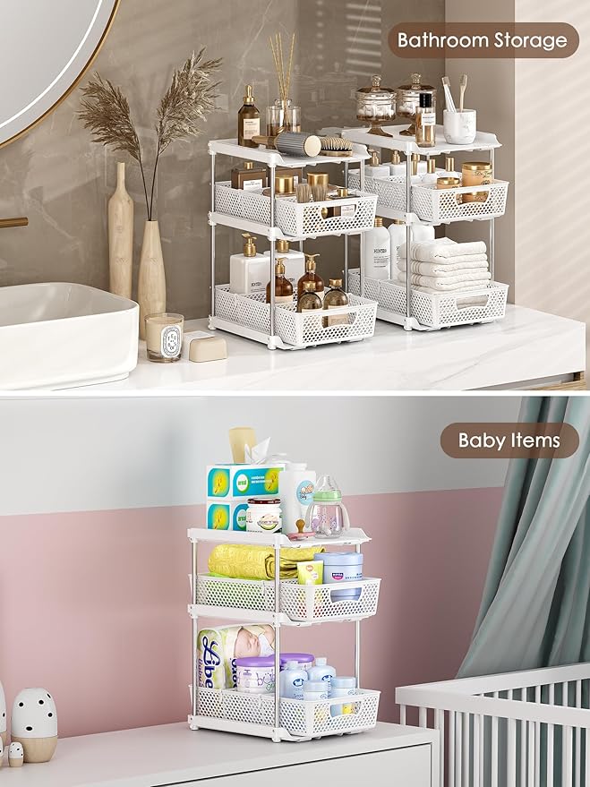 2Pcs 3 Tier Bathroom Organizers, WIDER BOLDER Pull Out Under Sink Organizer with Dividers, Kitchen and Bathroom Storage Cabinet - White-NeatNest