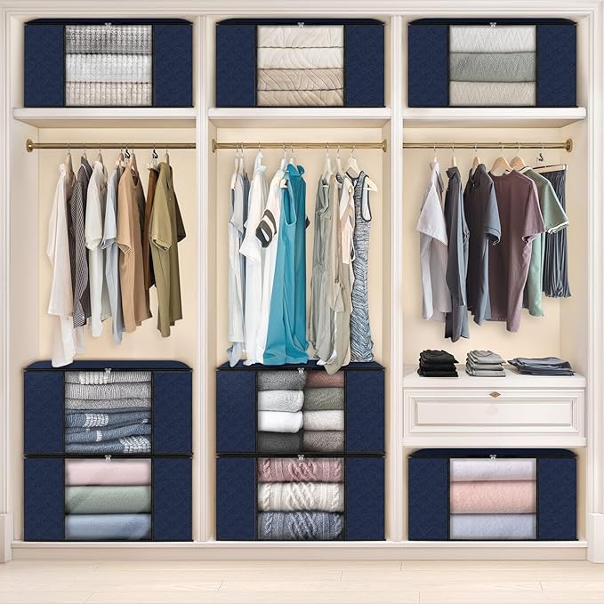 Fab totes 10 Pack Clothes Storage, Foldable Thick Fabric Blanket Storage Bags, Containers for Organizing Bedroom, Closet, Clothing, Comforter,Closet Organization with Handle,Blue-NeatNest