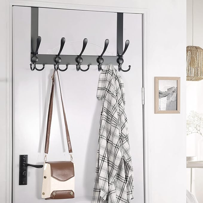 Dseap Over The Door Hook Hanger - 5 Tri Hooks, Heavy Duty Over The Door Towel Rack Coat Rack for Clothes Hat Towel, Black