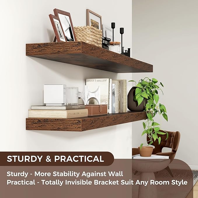 Floating Shelves for Wall, 48"W x 9"D x 1.5"H, 2 Pack of Long Wall Mounted Engineered Wood Shelves with Invisible Brackets for Living Room, Bedroom, Bathroom, Kitchen Decor, Rustic Brown-NeatNest