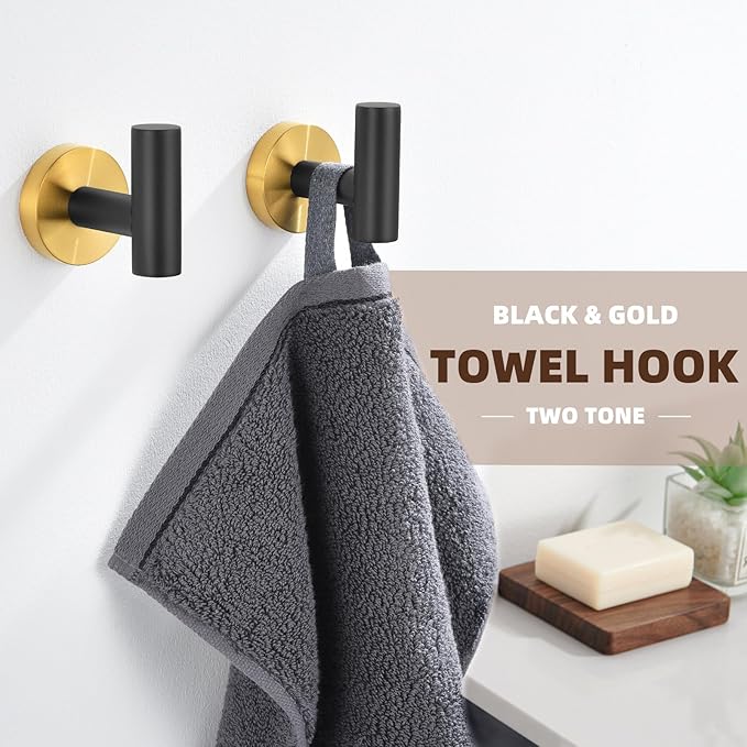 APLusee Robe Towel Hook 2 Pack Black Gold, 304 Stainless Steel Coat Hook, Bath Towel Hanger Wall Mounted