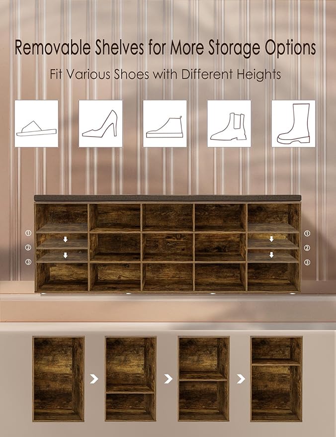 DINZI LVJ Shoe Storage Bench with Cushion, 15-Cubby Rack, Adjustable Shelves, Long Organizer Bench for Entryway, Mudroom, Hallway, Living Room, Bedroom and Garage, Rustic Brown-NeatNest