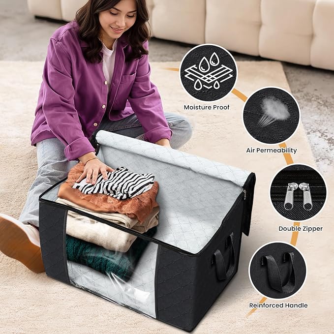 Fab totes 90L Clothes Storage, Foldable Thick Fabric Blanket Storage Bags, Containers for Organizing Bedroom, Closet, Clothing, Comforter, Organization with Handle (10 Pack,Black)-NeatNest