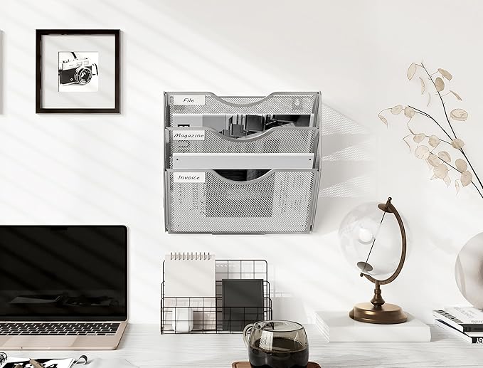 EasyPAG 3 Pocket Wall File Organizer, Silver | Metal Mesh Wall Mounted File Holder | Assembly Hanging Mail Organizer | Replaceable Classify Labels | Office Home Letter Size Paper Storage