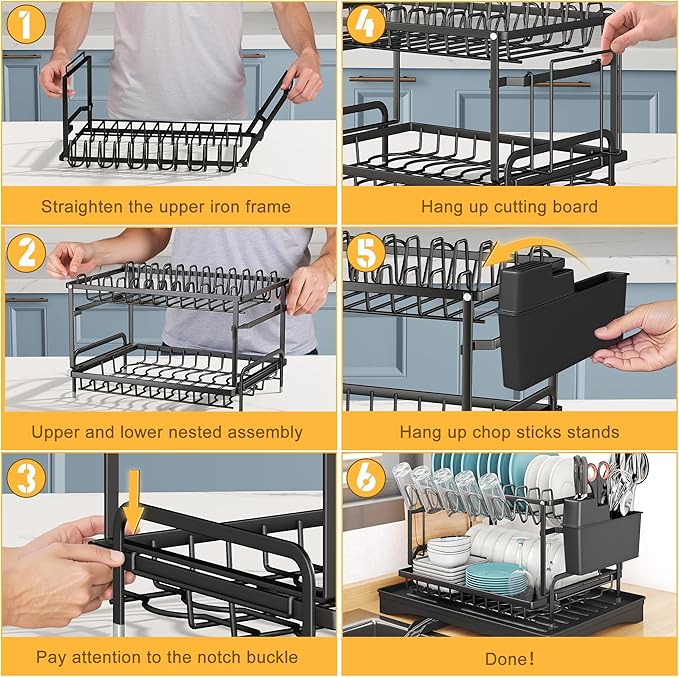 Dish Drying Rack Carbon Steel Dish Rack for Kitchen Counter, 2-Tier Kitchen Organizers and Storage Rack with Drainboard and Cutlery Holder, Large